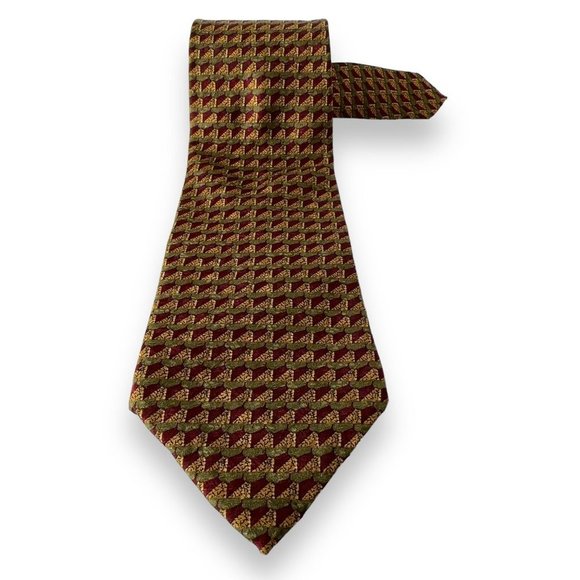 Andrew Scott Mens Tie 4 x 60 Long Geometric Gold Red Handmade 100% Silk EUC - Picture 2 of 7